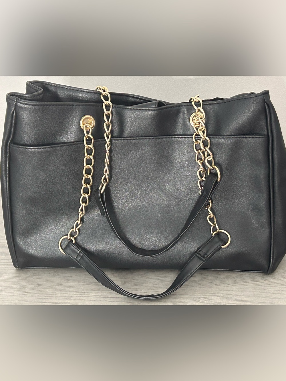 Quilted Black Gold Chain-Handle Tote Bag - Picture 2 of 11